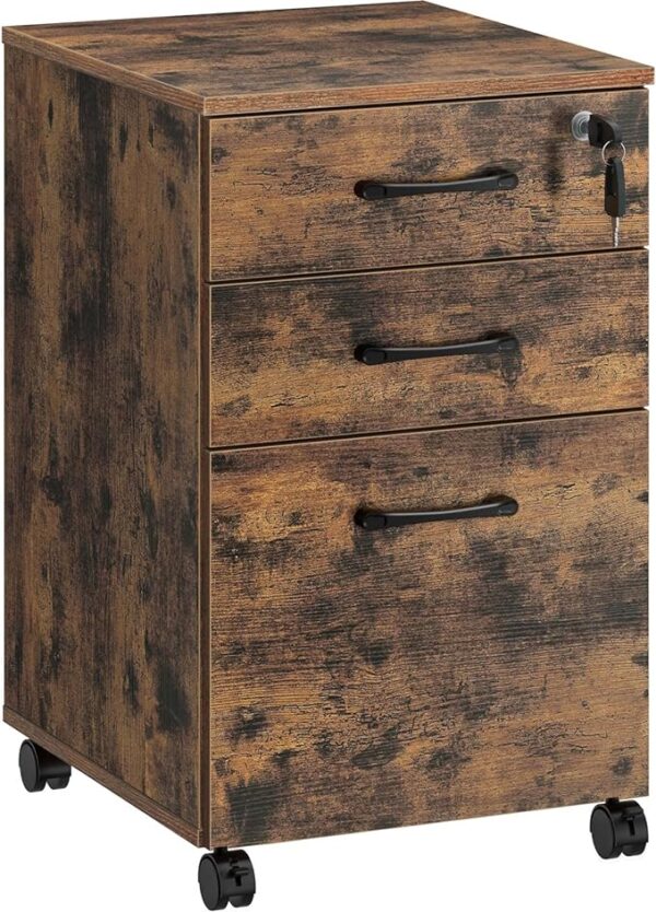 Rolanstar 3-Drawer File Cabinet, Rolling Mobile Filing Cabinet with Lock, Under Desk File Cabinet with 5 Wheels and Hanging File Folders, for Letter Sized Documents, Rustic Brown 1