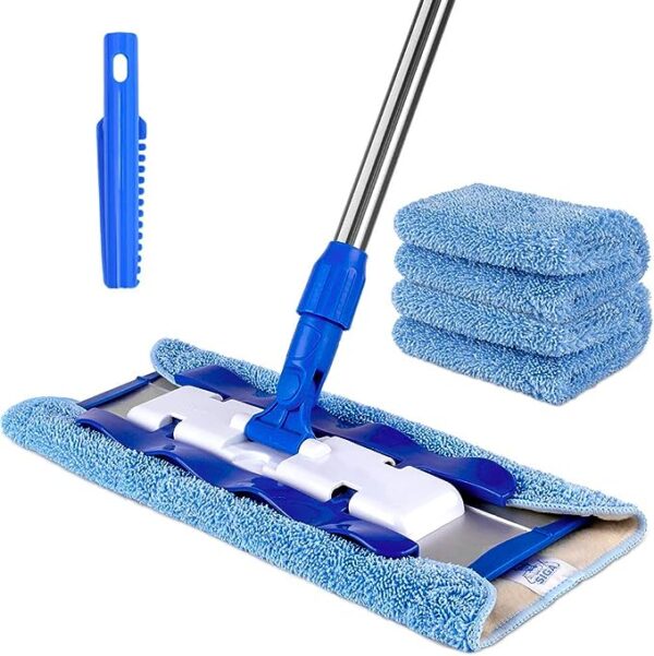 MR.SIGA Professional Microfiber Mop for Hardwood, Laminate, Tile Floor Cleaning - Stainless Steel Handle with 3 Reusable Flat Mop Pads and 1 Dirt Removal Scrubber Included 1