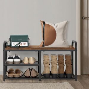 NORCEESAN 3-Tier Free Standing Shoe Rack Bench with Mesh Shelves and Wooden Top Board - Brown