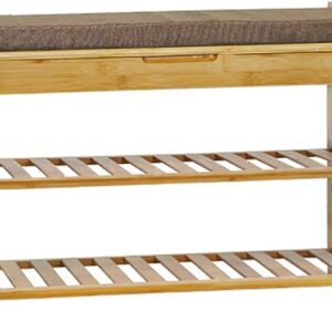 C&AHOME Bamboo Shoe Bench - 3-Tier Shoe Organizer with Cushion - Entryway Shoe Rack Bench, Max Load 260 LBS - Removable Seat Cushion Bench - Ideal for Hallway, Living Room, Bedroom - Natural Color