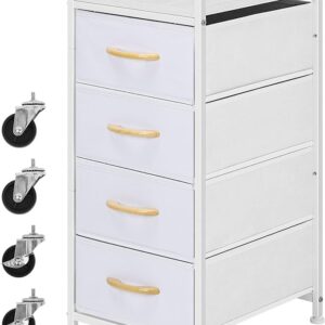 DOMYDEVM Small Storage Dresser - 4 Drawer Chest Storage Tower Organizer Unit - White Nightstand with Rolling Casters - for Bedroom, Closet, Entryway, Hallway, Nursery Room