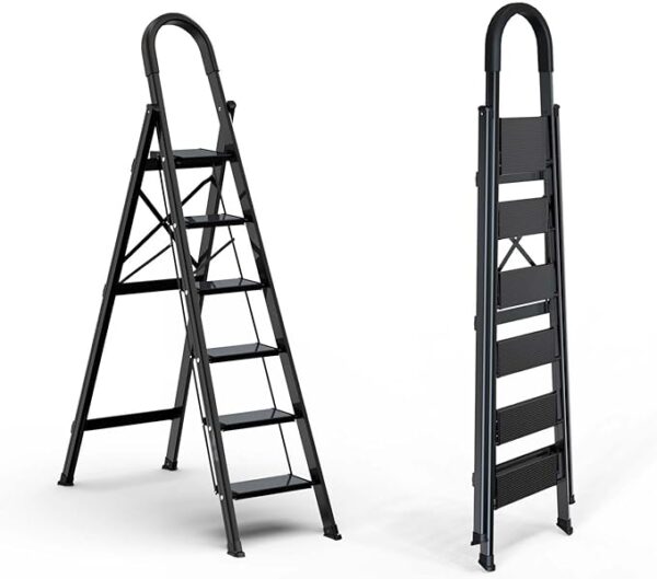 GameGem Lightweight Aluminum 6-Step Folding Ladder with Anti-Slip Wide Pedal for Home and Kitchen Use - Space Saving (Black) 1