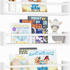 Fixwal Set of 3 Nursery Floating Bookshelves, 16.5 Inch Wall-Mounted Solid Wood Shelves for Baby Kids Decor, Books, Toys, and Decor Storage (White)
