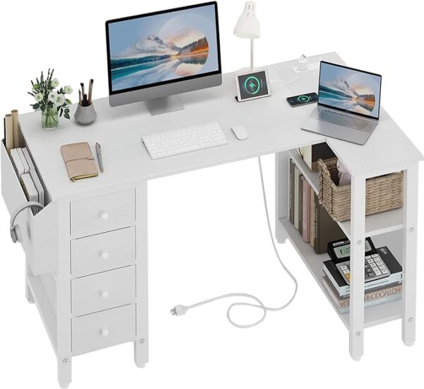 Lufeiya White L-Shaped Computer Desk with Drawers, Storage Shelves, and Power Outlet - 47 Inch Corner Desk for Home Office Bedroom - Teen PC Desks with Fabric Drawer 1