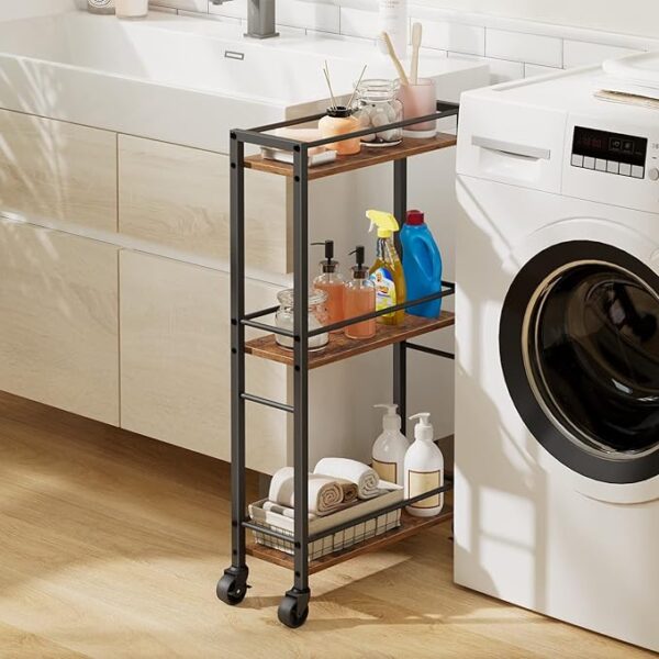 MAHANCRIS Slim Rolling Cart, Mobile Kitchen Cart on Wheels, Narrow Storage Cart for Small Spaces - Wooden Service Cart for Bathroom, Laundry, Living Room - Rustic Brown (Model: RCHR1501Z) 1