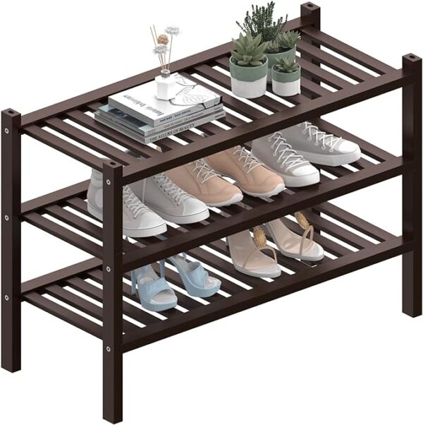 "ROMGUAR CRAFT 3 Tier (Thick) Bamboo Shoe Rack for Closet Free Standing Wood Shoe Shelf for Entryway Small Space Stackable 27"x12"x21" (Black Brown)" 1