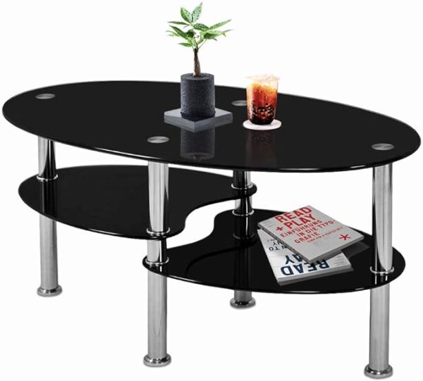 Nidouillet 3 Tier Tempered Glass Table with Glass Shelves and Stainless Steel Legs, Oval-Shaped Coffee Table Living Room Home Furniture 35.4" x 19.7" x 17.7" (L x W x H) - Black AB026" 1