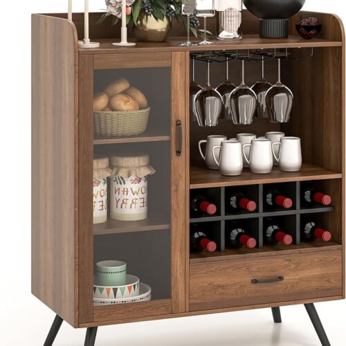 1 LOKO Wine Bar Cabinet - Farmhouse Coffee Bar Cabinet with Tempered Glass Door - 3-Row Glass Holder & 8-Grid Wine Rack - Buffet Sideboard with Wine Display - Rustic Brown