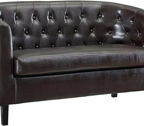 1 Emma Love Seat - Button Tufted Faux Leather Barrel Loveseat - Midcentury Modern 2 Seater Sofa Couch - Small Loveseat for Small Spaces, Bedrooms, Living Rooms - Easy Tool-Free Assembly - Espresso