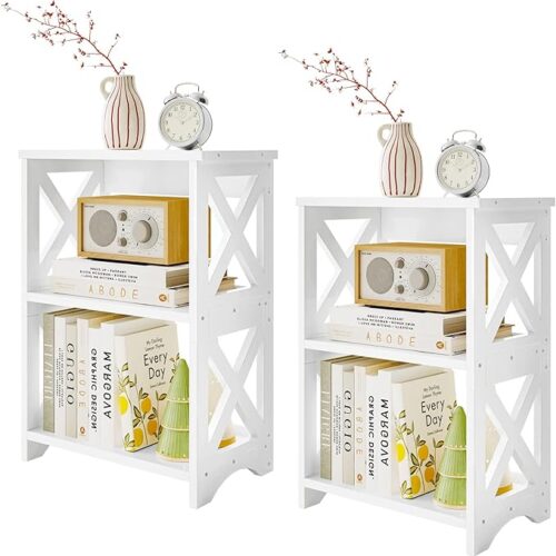 1 Fixwal 2 Pack End Table Side Table - 3 Tier Bedside Nightstand, Small Bookshelf Bookcase - Display Rack for Bathroom, Bedroom, and Living Room - White