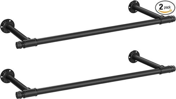"SONGMICS 2 Pack Clothes Rack Wall-Mounted - Industrial Pipe Clothing Rack, Space-Saving Garment Rack, 11.8 x 33 x 2.8 Inches, 132 lb Capacity for Each Hanging Rod, Steel, Black, Model UHSR140B02" 1