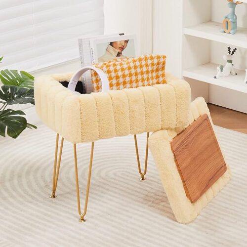 1 Wimarsbon Faux Mink Fur Storage Ottoman - Modern Soft Footstool with Metal Legs - Vanity Seat, Storage Bench, Ottoman Coffee Table, Makeup Chair for Bedroom - Yellow
