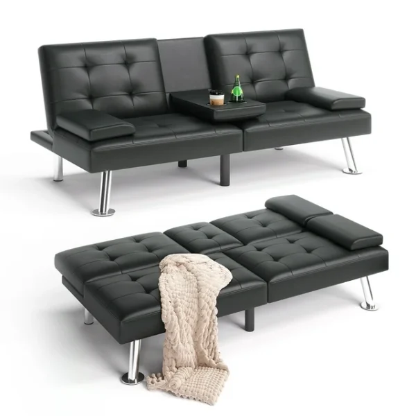 "Linsy Home Convertible Upholstered Faux Leather Futon Couch in Black" 1