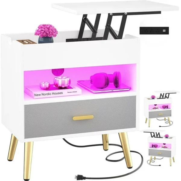 "Homieasy Nightstands with Charging Station and USB ports, 35'' Large End Table with LED Lights, Modern Bedside Table with Drawer, Sofa Table Night Stands with Lift Top for Bedroom, Living Room, White" 1