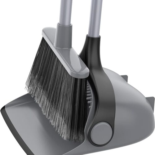 "MR.SIGA Broom and Dustpan Set with Adjustable Long Handle - Upright Combo for Floor Cleaning, Lobby, Gray"