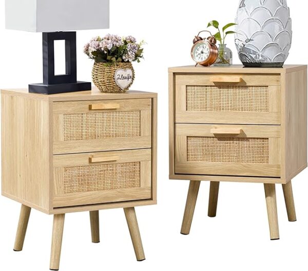 "Finnhomy Nightstand, End Table, Side Table with 2 Handmade Rattan Decorated Drawers - Nightstands Set of 2 - Wood Accent Table with Storage for Bedroom - Natural, 2 Pack" 1