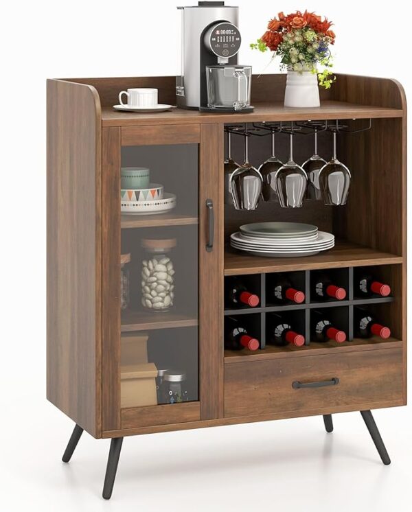 "COSTWAY Wine Storage Cabinet - Bar Buffet Cabinet with 3-Row Wineglass Holder - Removable Wine Rack - Tempered Glass Door & Anti-Tipping Kit - Kitchen Sideboard for Dining Room & Living Room - Rustic Brown" 1