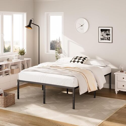 "DERYONI 18 inch Queen Size Bed Frame - No Box Spring Needed Heavy Duty Queen Platform Bed Frame, Steel Slat Support 750lbs High, Easy Assembly, Noise Free, Black Bed Frame Queen Size"