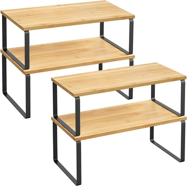 "SONGMICS Spice Rack - Cabinet Organizer Shelf - Set of 4 Kitchen Counter Shelves - Kitchen Storage - Stackable - Expandable - Metal and Engineered Wood - Black and Natural UKCS210B01" 1