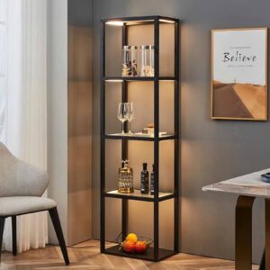 FENLO Fantasy Plus 66" Luxury Glass Display Shelf with Dimmable LED Floor Lamps - Sturdy Curio Cabinet with Bookcase Display Shelves for Bedroom - Open Bookshelf - Black