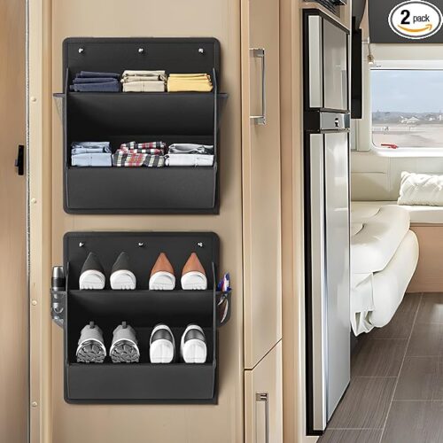 2 Pack RV Shoe Storage with Sticky Adhesive Tape - Over the Door Shoe Rack, Wall Hanging Shoe Organizer with Large Deep Pockets for Camper - Narrow Space Saving Closet Organizers in Black