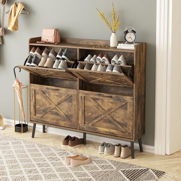"Maupvit Large Shoe Cabinet with 4 Flip Drawers - Entryway Freestanding Shoe Organizer with Metal Drawer Bracket, Narrow Shoe Rack Cabinet, 5 Sturdy Legs, Rustic Brown" 1