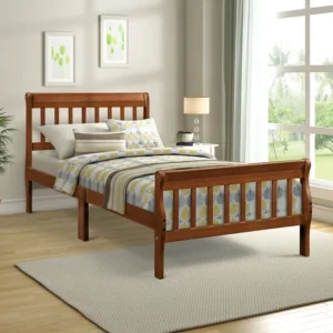 Gewnee Wood Twin Size Platform Bed Frame with Headboard and Footboard - Oak