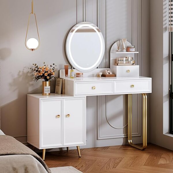 Modern Vanity Table with LED Mirror and 2 Spacious Drawers | Makeup Vanity Desk with Cabinet | Bedroom Essential for Girls and Women - White 1