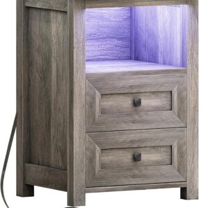 BORNOON Nightstand with Charging Station and Drawer - LED Bedside Table with USB Ports and Outlets | End Side Table for Bedroom (Wood)