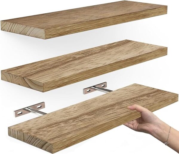 Solid Wood Floating Shelves Set of 3 - Rustic Farmhouse Design, Bathroom and Office Decor - Light Brown Shelf with Invisible Brackets 1