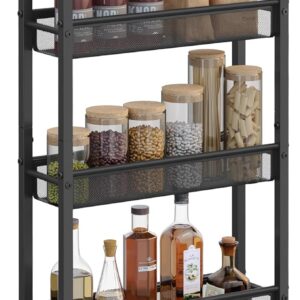 VASAGLE Slim 4-Tier Rolling Storage Cart - Narrow Cart with Handle, Metal Frame - Kitchen, Dining, Living, Home Office - Rustic Brown/Classic Black ULRC032B01V1