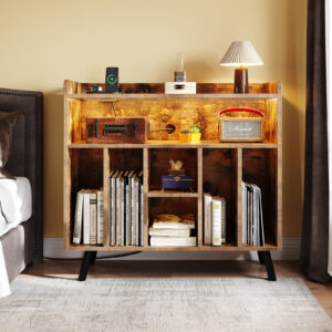Record Player Stand with Power Outlets & LED Light - Display Table Turntable Stand
