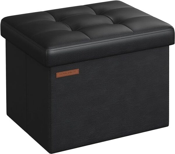 SONGMICS Small Folding Storage Ottoman - Foot Rest Stool, Cube Footrest, Synthetic Leather, 12.2 x 16.1 x 12.2 Inches, 286 lb Capacity, for Living Room, Bedroom, Dorm - Ink Black (ULSF100B01) 1