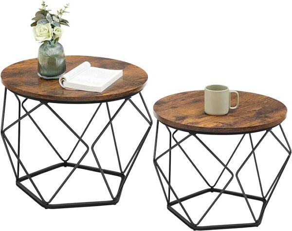 VASAGLE Set of 2 Small Round Coffee Tables - Steel Frame Side End Tables for Living Room, Bedroom, Office - Rustic Brown and Black 1
