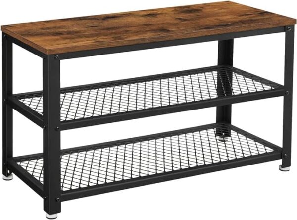 VASAGLE 3-Tier Shelf Storage Bench - 11.8 x 28.7 x 17.7 Inches Free Standing Shoe Organizer with Metal Mesh Shelves and Seat for Entryway, Rustic Brown + Black 1