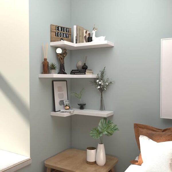 NATURE'S SOURCE Corner Floating Shelves Set of 3 - Wall Mounted, Invisible Brackets, Modern Style 17" x 6", for Bedroom Bathroom Kitchen Living Room Office (White) 3