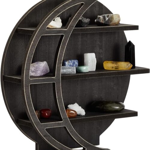 Farmlyn Creek Wooden Moon Shelf - Rustic Home Wall Decor, 12x12x3-Inch Crystal Holder for Stones Display and Essential Oils (Black)