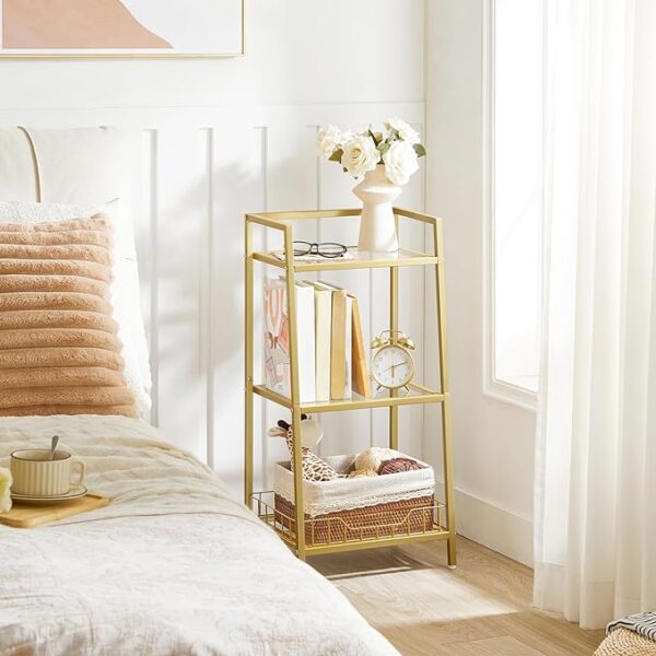 HOOBRO Gold Bookshelf - 3-Tier Tempered Glass Bookcase, Bathroom Storage Stand, Record Storage Rack with Side Guards, Strong and Durable, for Bathroom, Bedroom, Living Room Modern Style, Gold, Model GD77CJ01" 3