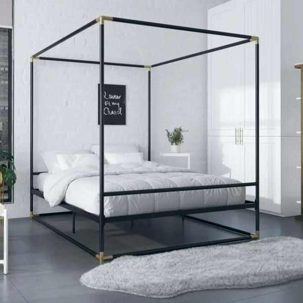 CosmoLiving Celeste Canopy Metal Bed - Full Size Frame, Black/Gold 3