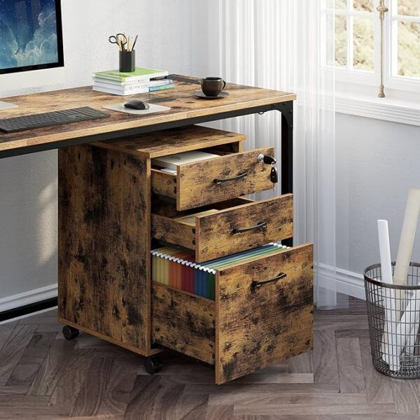 Rolanstar 3-Drawer File Cabinet, Rolling Mobile Filing Cabinet with Lock, Under Desk File Cabinet with 5 Wheels and Hanging File Folders, for Letter Sized Documents, Rustic Brown 3