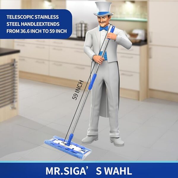 MR.SIGA Professional Microfiber Mop for Hardwood, Laminate, Tile Floor Cleaning - Stainless Steel Handle with 3 Reusable Flat Mop Pads and 1 Dirt Removal Scrubber Included 3