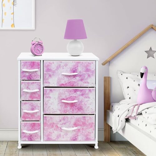 "Sorbus Kids Dresser with 7 Drawers - Storage Chest Organizer Unit with Steel Frame, Wood Top & Handles, Tie-Dye Fabric Bins for Clothes - Wide Furniture for Bedroom, Hallway, Kids Room, Nursery & Closet"
