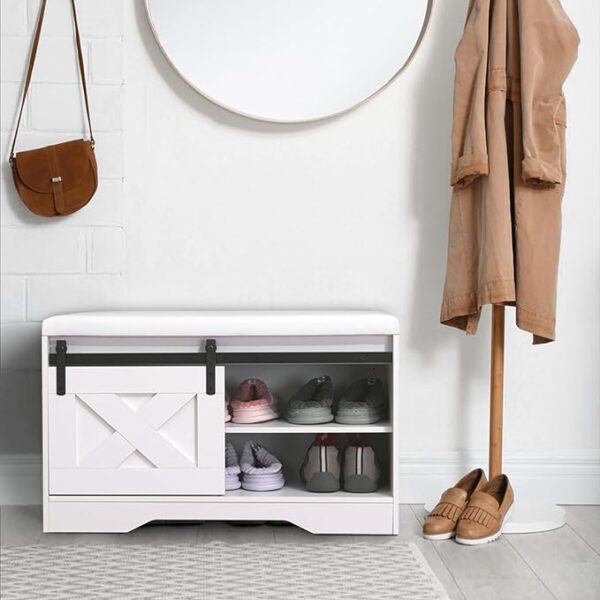 Zedesey 32 inch Shoe Storage Bench with Leather Seat Cushion - Shoe Bench with Sliding Barn Door, 2-Tier Shoe Bench with Storage for Entryway, Hallway, Bedroom" 3