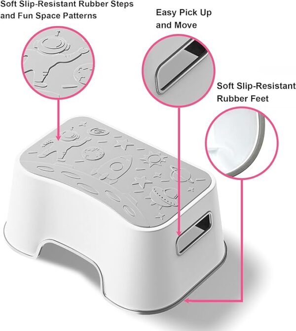UNCLE WU Kids Step Stool - Lightweight, Easy to Clean - Slip-Resistant Surface, Potty Training Stool - Bathroom Safety Bottom, 1 Step Stool for Kids/Adults (Gray White) 3