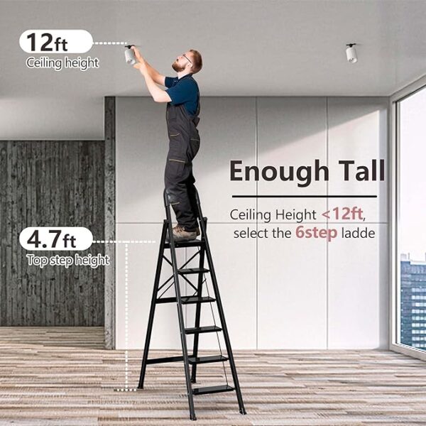 GameGem Lightweight Aluminum 6-Step Folding Ladder with Anti-Slip Wide Pedal for Home and Kitchen Use - Space Saving (Black) 3