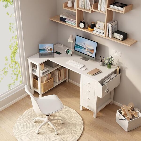 Lufeiya White L-Shaped Computer Desk with Drawers, Storage Shelves, and Power Outlet - 47 Inch Corner Desk for Home Office Bedroom - Teen PC Desks with Fabric Drawer 3