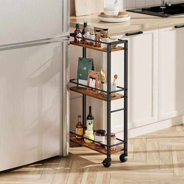 MAHANCRIS Slim Rolling Cart, Mobile Kitchen Cart on Wheels, Narrow Storage Cart for Small Spaces - Wooden Service Cart for Bathroom, Laundry, Living Room - Rustic Brown (Model: RCHR1501Z) 3