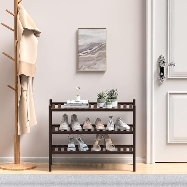 "ROMGUAR CRAFT 3 Tier (Thick) Bamboo Shoe Rack for Closet Free Standing Wood Shoe Shelf for Entryway Small Space Stackable 27"x12"x21" (Black Brown)" 3