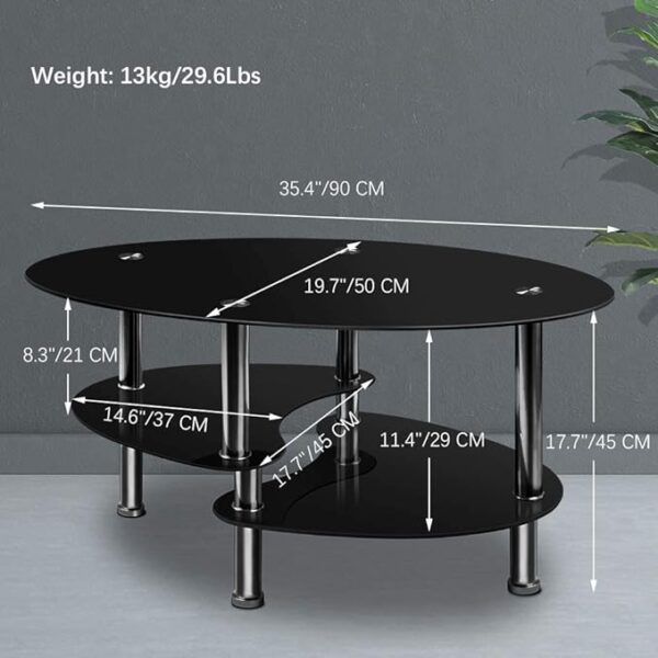 Nidouillet 3 Tier Tempered Glass Table with Glass Shelves and Stainless Steel Legs, Oval-Shaped Coffee Table Living Room Home Furniture 35.4" x 19.7" x 17.7" (L x W x H) - Black AB026" 3