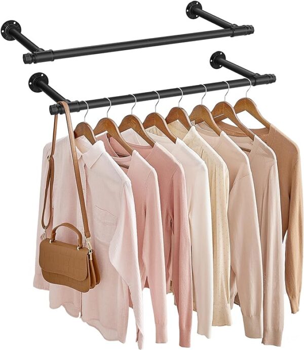 "SONGMICS 2 Pack Clothes Rack Wall-Mounted - Industrial Pipe Clothing Rack, Space-Saving Garment Rack, 11.8 x 33 x 2.8 Inches, 132 lb Capacity for Each Hanging Rod, Steel, Black, Model UHSR140B02" 3